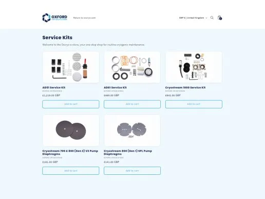 A screenshot of the Oxcryo e-store page showing cryogenic service kits for sale.