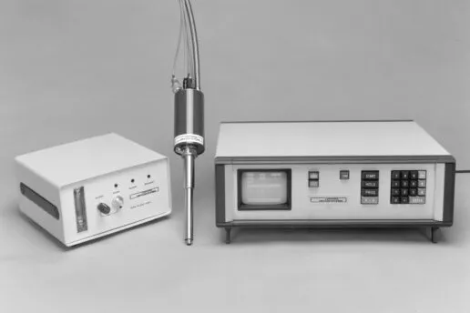 A black and white promotional photo of an early Cryostream 500 (circa 1986)
